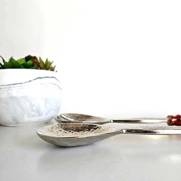 Vintage Copper Handled Metal Salad Servers, 12" Spoon Fork Salad Serving Set - Picture 5 of 13